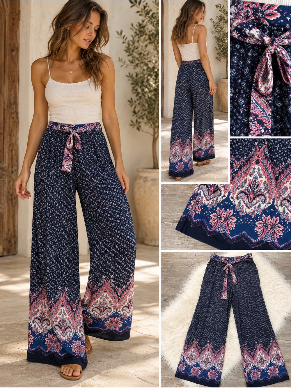 Solitaire Boho Paisley Border Print Wide Leg Palazzo Pants Medium
